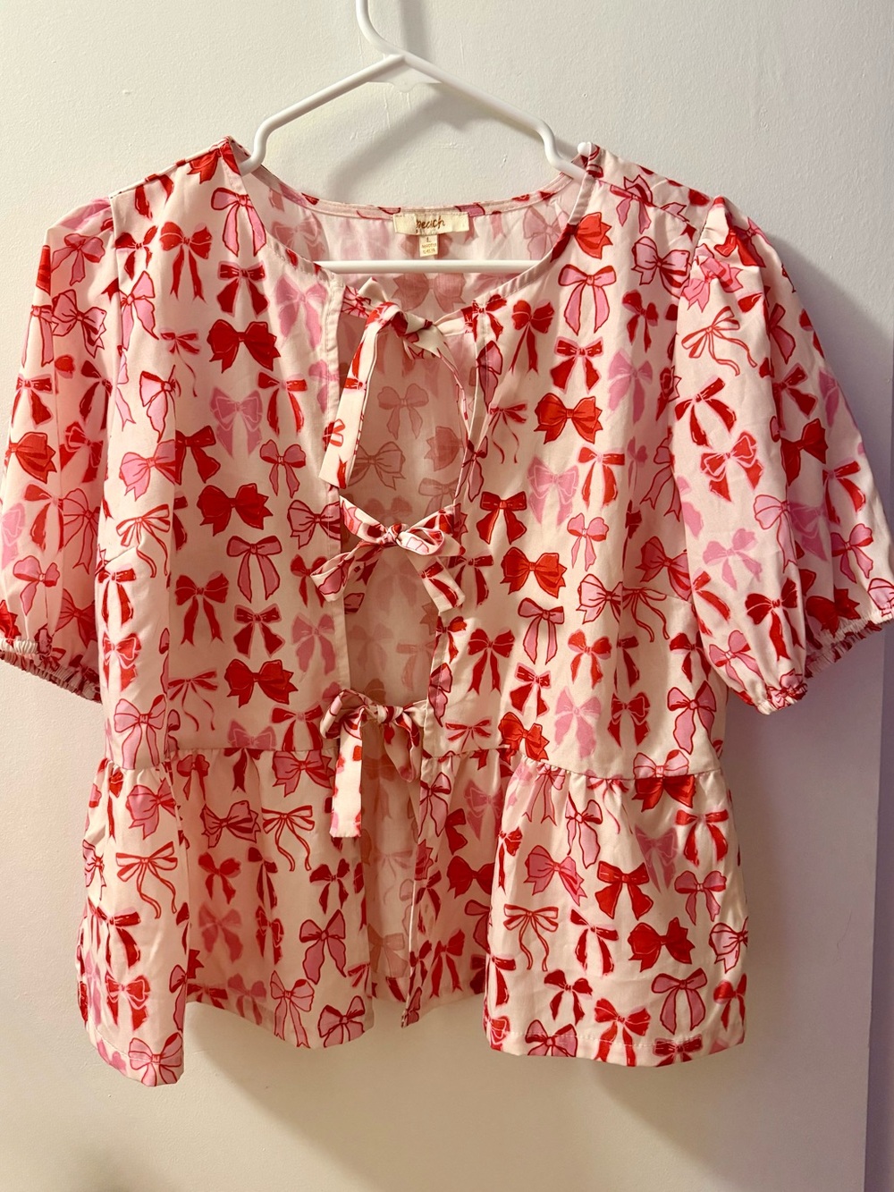 Peach Bow Print Blouse L Pink Red Tie Front Romantic Y2K Coquette